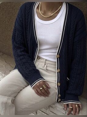 Vintage Oscar Jacobson Swedish Wool Cable Knit Cardigan - Navy/White Old Money